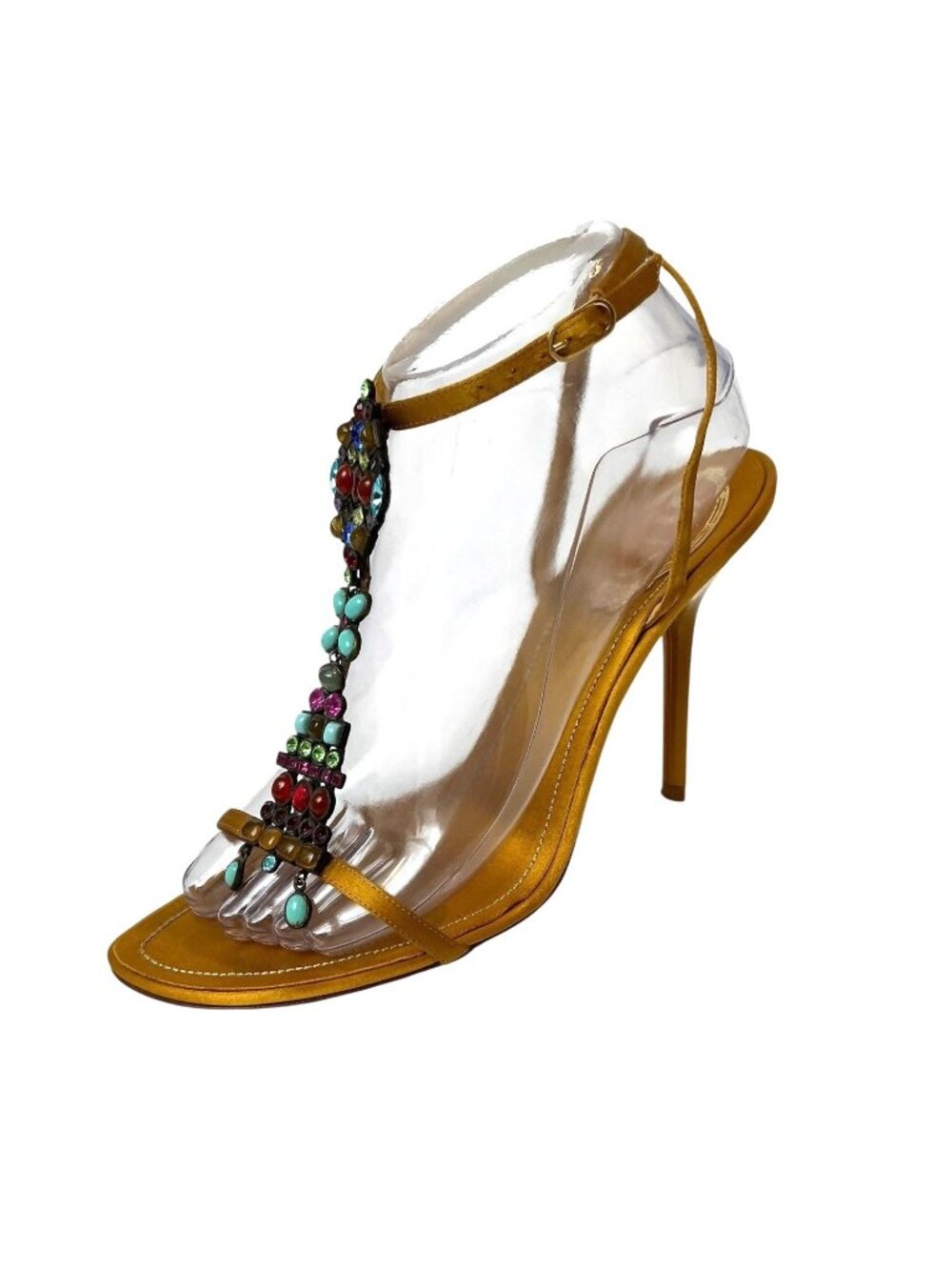 RENE CAOVILLA Vintage T-Strap Satin Slingback Heels With Crystal and Stones 8.5